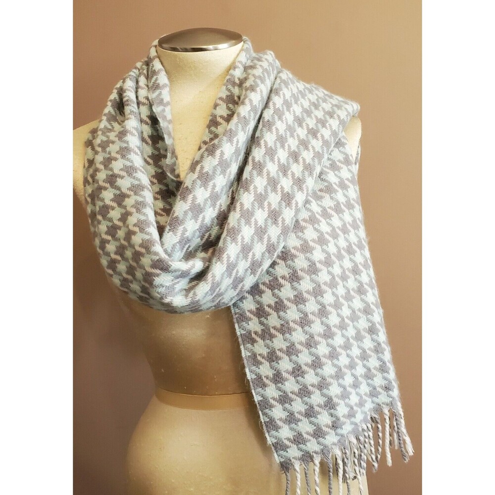 Woven Scarf Wrap Blue Gray Houndstooth Acrylic Fringe 13x64" Soft Warm Preppy